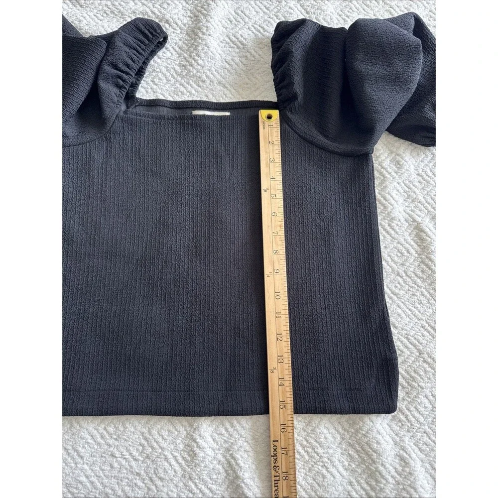 Madewell Sz S Crepe Square Neck Puff Sleeve Top Black Polyester Off Shoulder